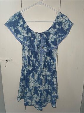 Blue Tie-Dye Off-Shoulder Romper